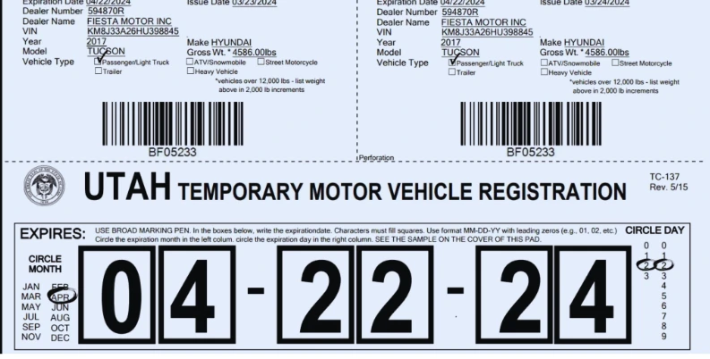 Ejemplo actualizado de las Placas temporales de dealer Utah