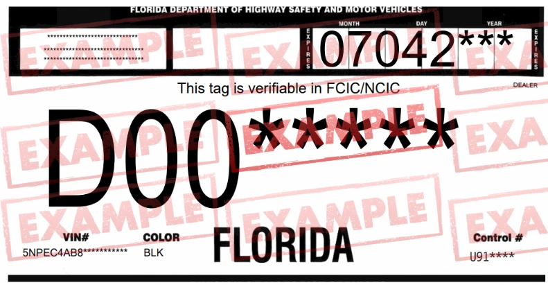 Ejemplo actualizado Ejemplo de las placas temporales en Florida