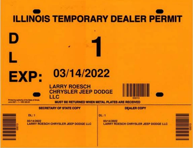 Ejemplo de placas temporales TPR Illinois de 90 días