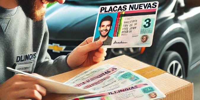 Un sobre oficial con placas nuevas de Illinois siendo entregado a un propietario en su domicilio, con etiquetas del DMV de Illinois visibles.