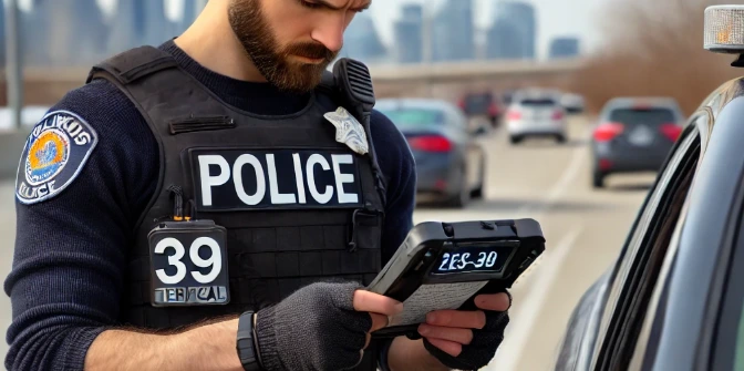 Un oficial de policía en Illinois revisa una placa temporal de un automóvil detenido en la carretera, utilizando un dispositivo electrónico para escanear la información.