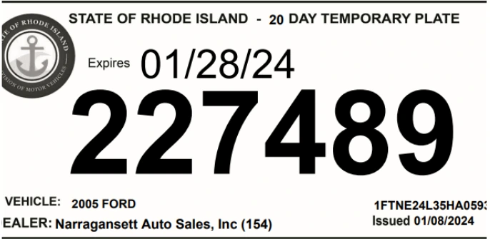 Modelo de ejemplo de placas temporales en Rhode Island