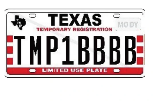 Ejemplo de Placa de matrícula temporal Texas