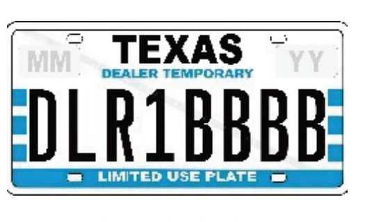 Ejemplo de Placa temporal para concesionarios Texas